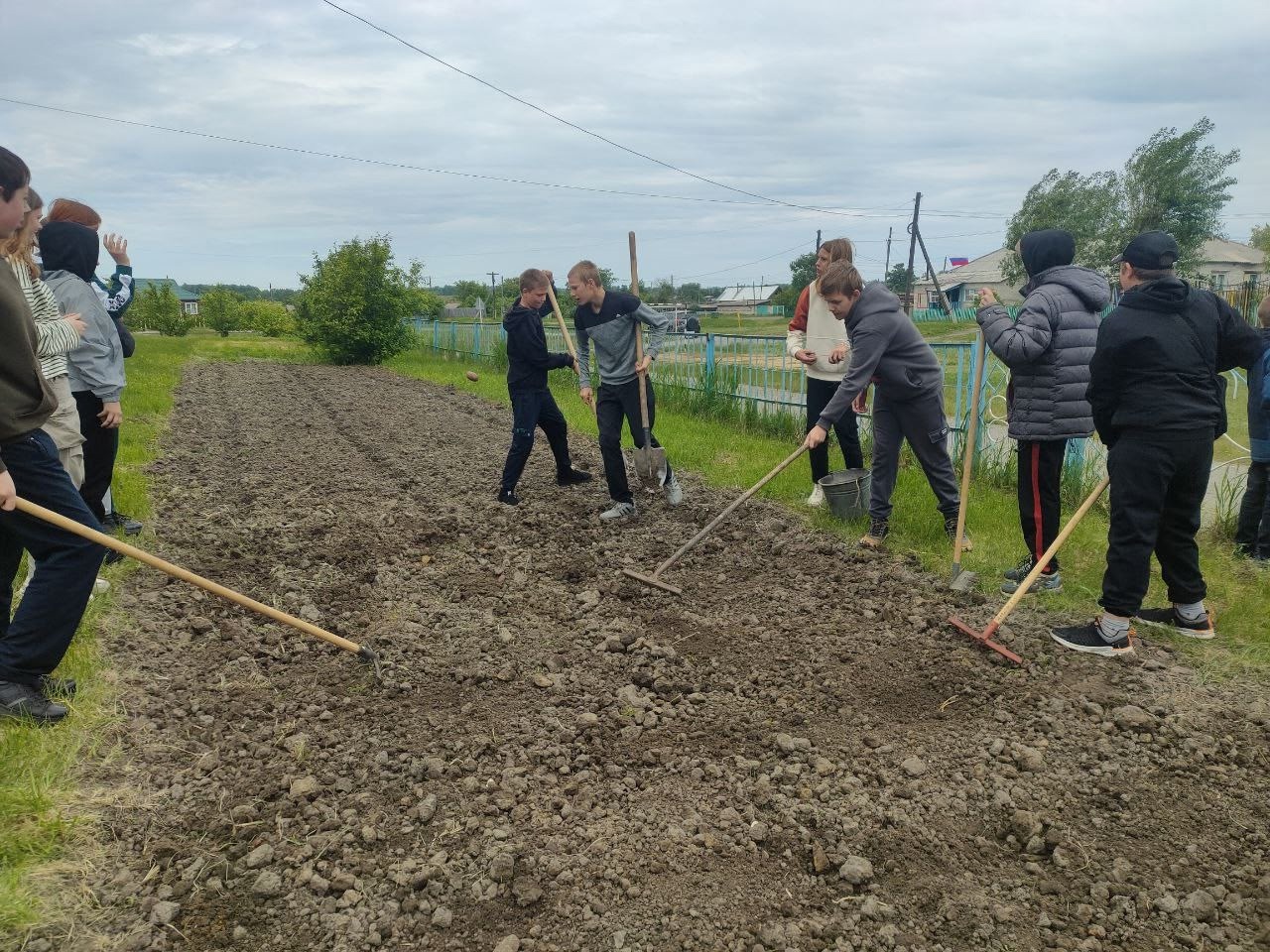 Ребята трудятся на пришкольном участке.
